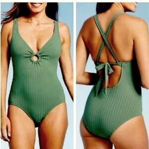 Kona Sol Green Ribbed One-Piece Swimsuit